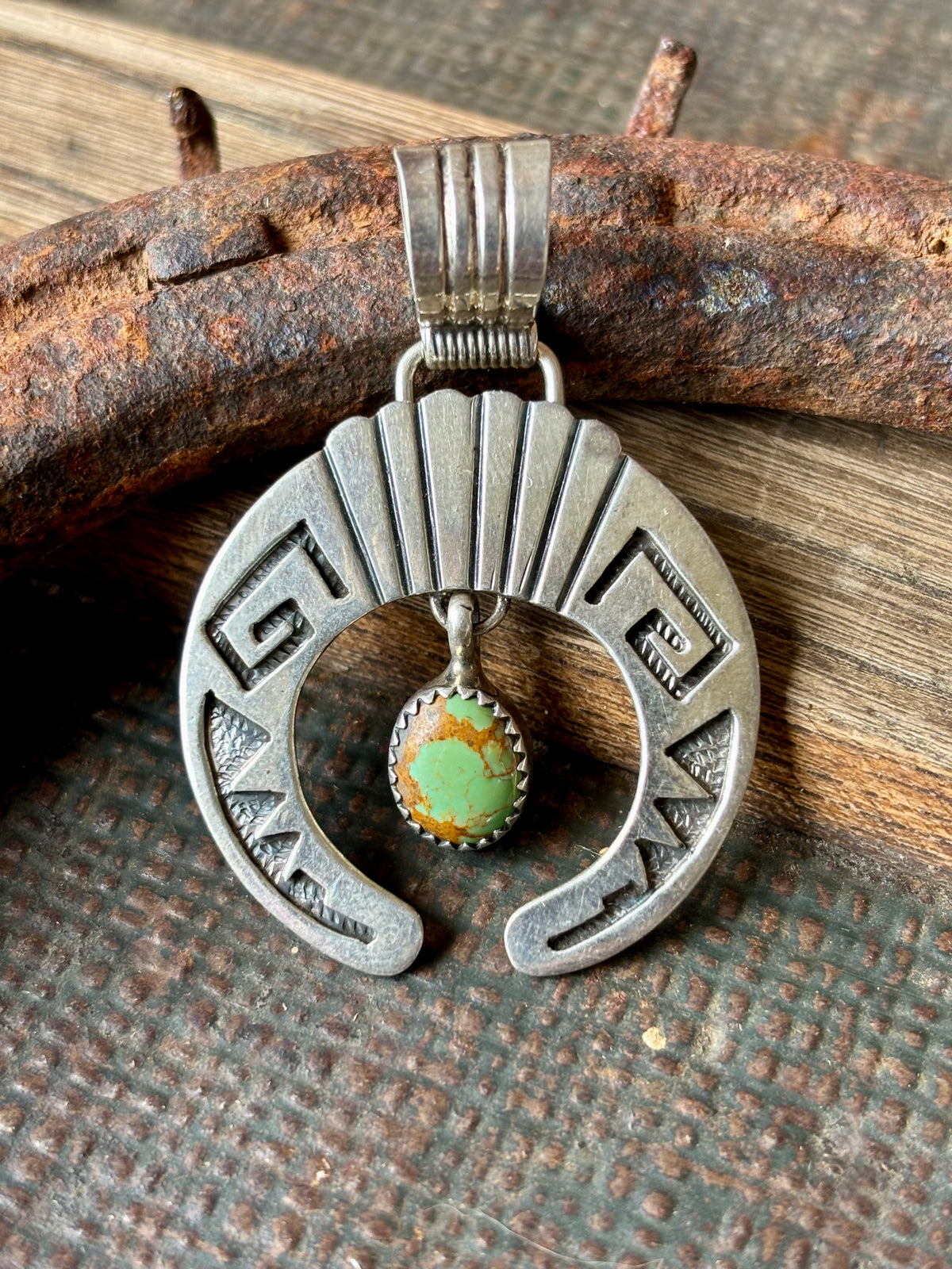 Vintage Sterling Silver Overlay Design with Green Royston Turquoise Naja Pendant - Navajo Handmade by Cester Charlie