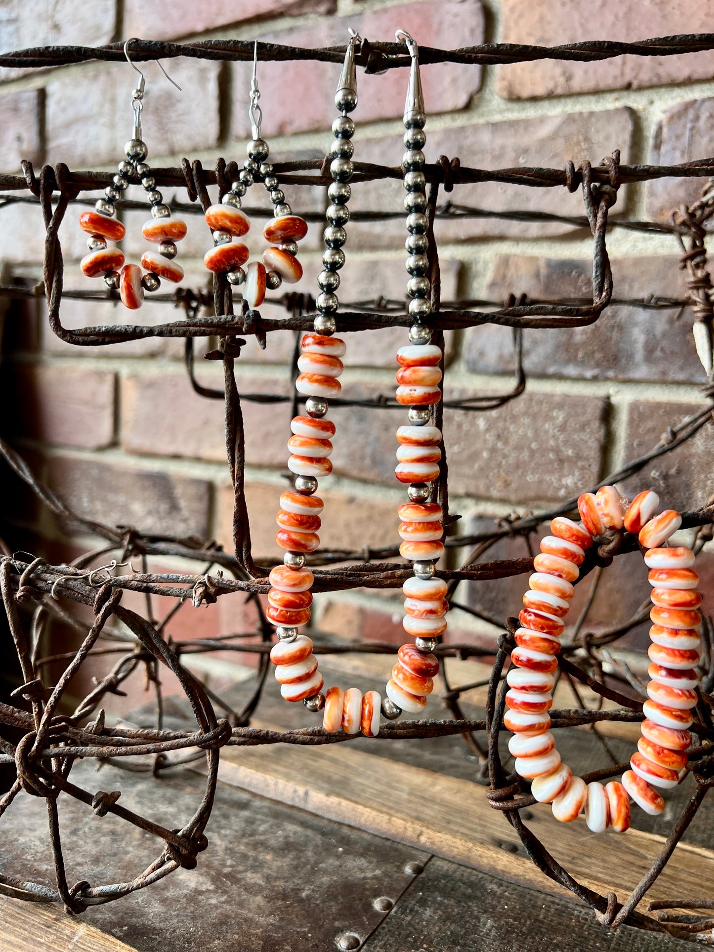 Orange Spiny Oyster & Sterling Bead Necklace 16.5”, Earrings & Bracelet Set