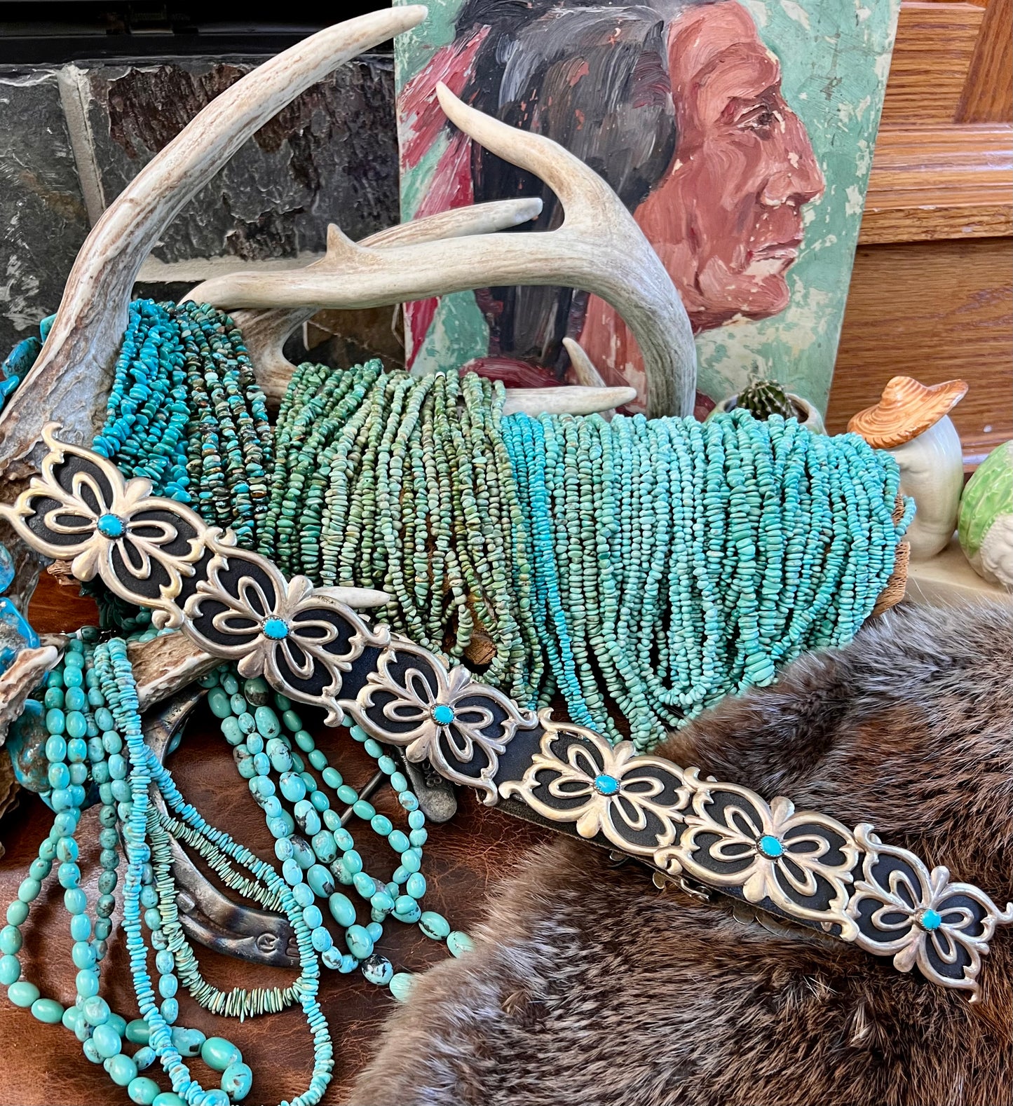 Vintage Navajo Handmade  Sterling Silver Sandcast Buckle Belt with Kingman Turquoise 35”