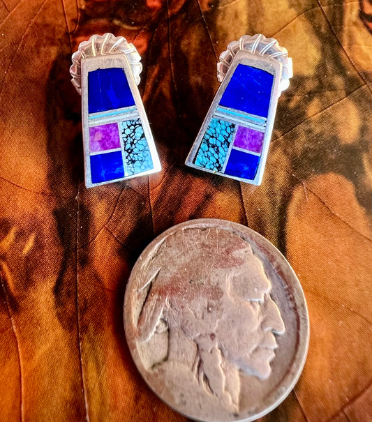 Vintage Native Handmade Lapis, Turquoise, Sugalite & Sterling Inlay Post Earrings 5/8”