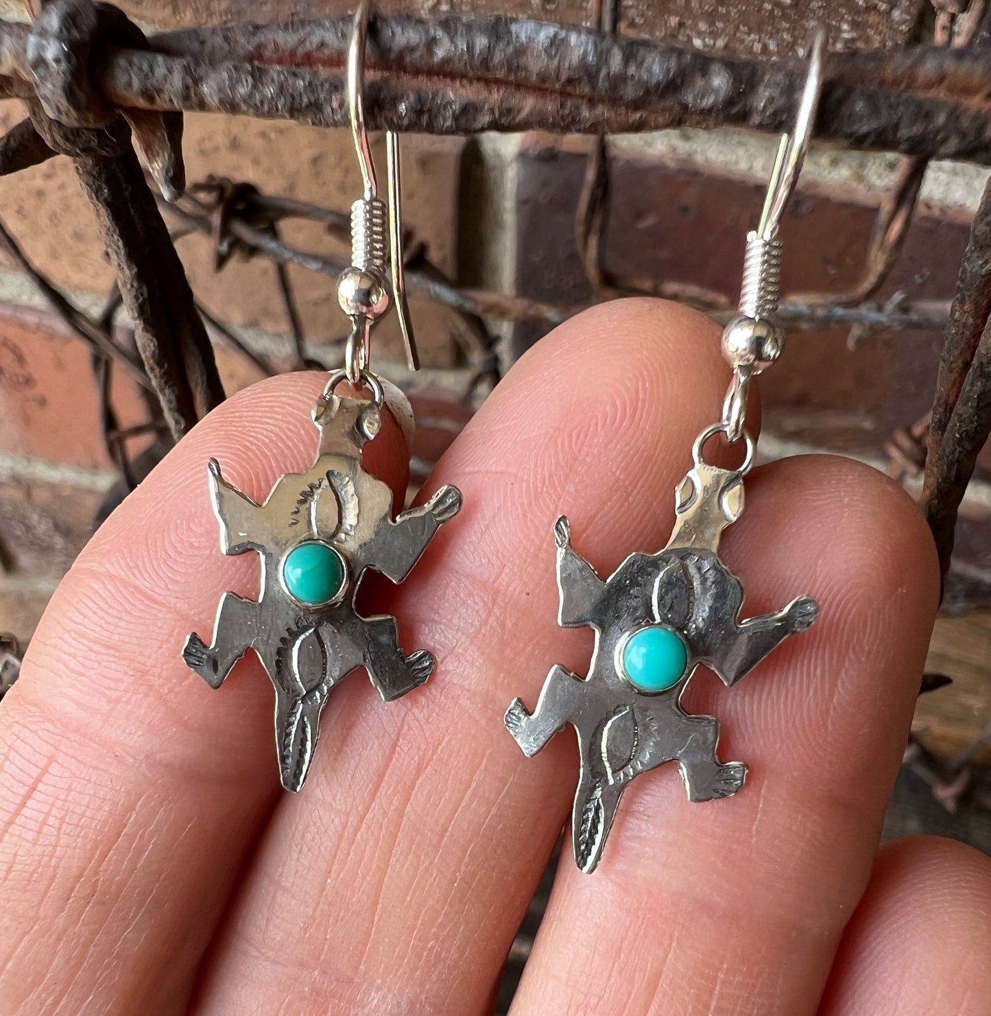 Dainty Handmade by Lucille Platero (Navajo) Turquoise & Sterling Silver Lizard Earrings 1 5/8” Length