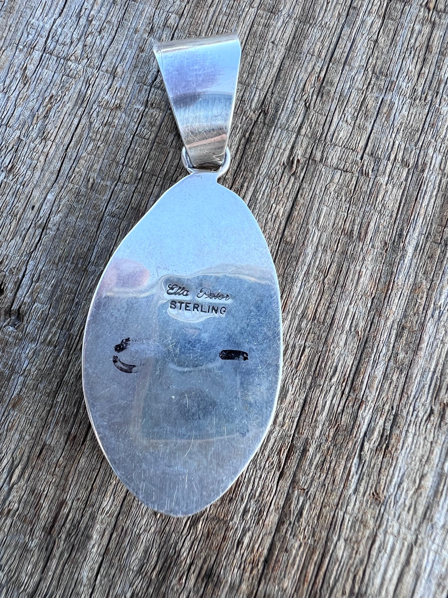 Native American Handmade by Ella Peter- Sterling & Hubei Turquoise Pendant 2.5” w/bale
