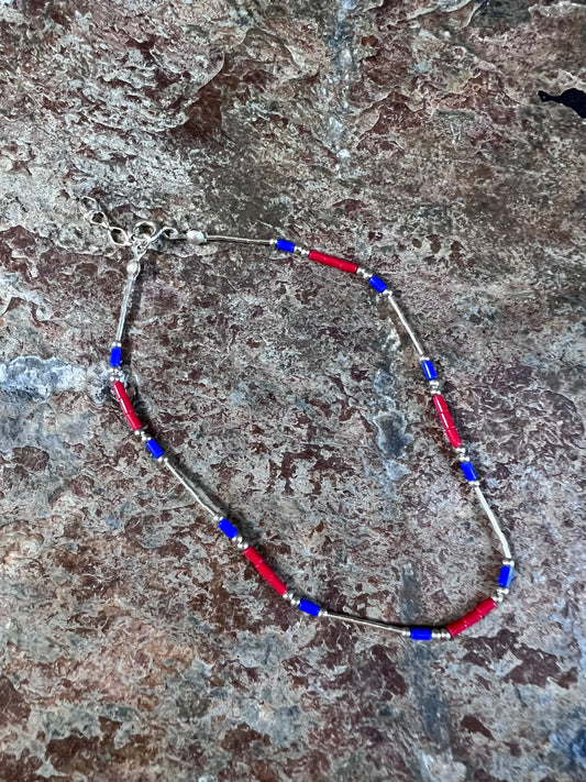 Southwest Handmade Sterling, Red Coral & Lapis Ankle Bracelet Sz 9”-10”