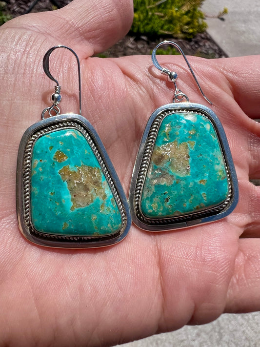 Native American Handmade Sterling & Fox Turquoise Dangle Earrings 2.25”