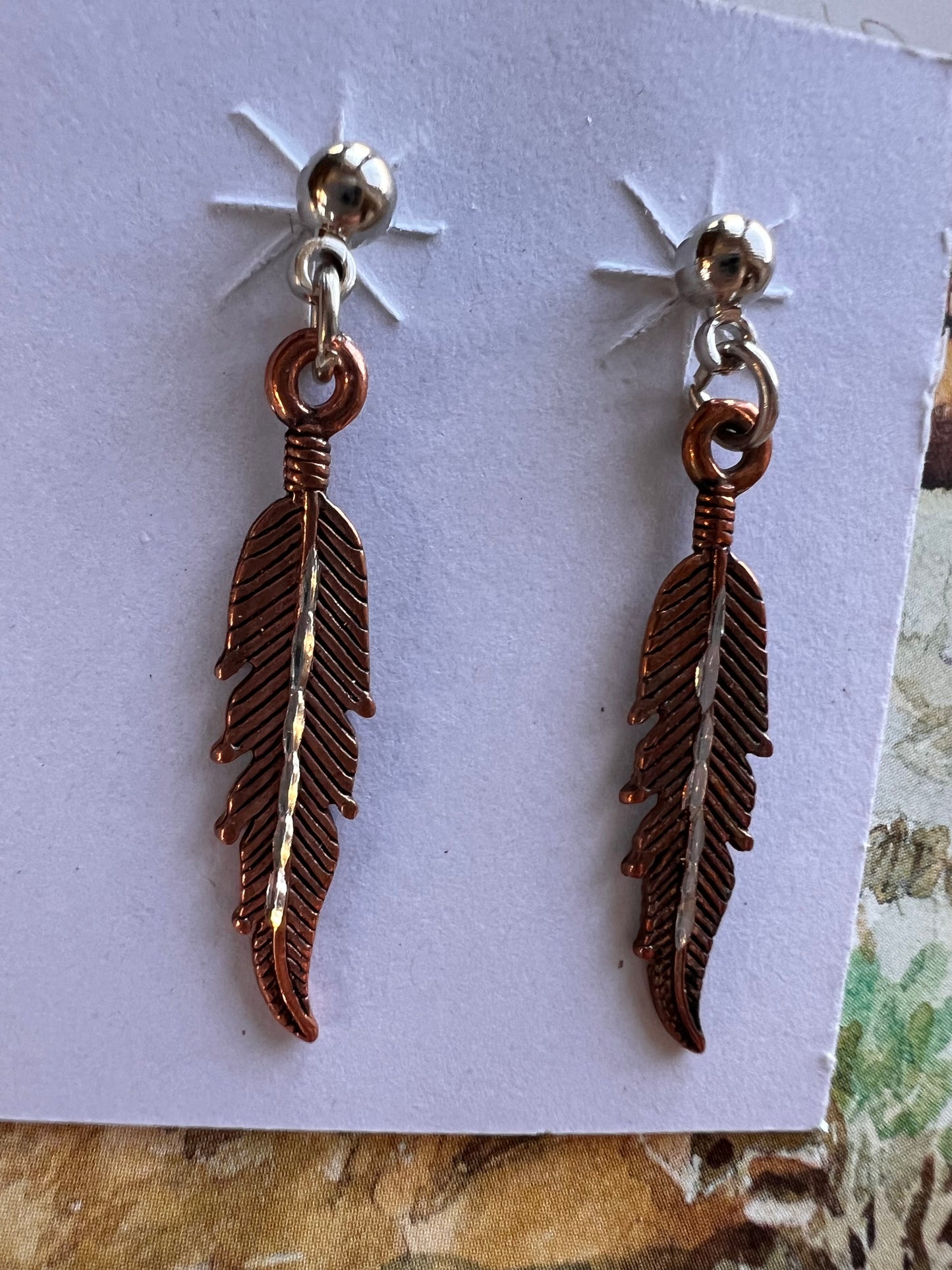 Copper & Sterling Silver Feather Post Dangle Earrings 1.5”