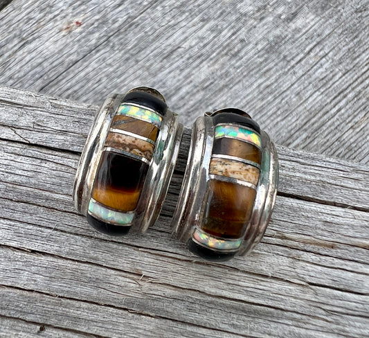 Vintage Zuni Multi-stone Inlay Half-hoop Post Earrings