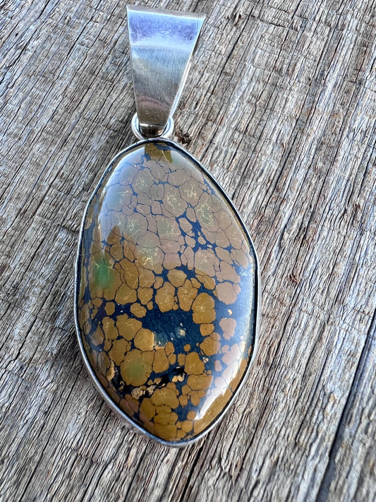 Native American Handmade by Ella Peter- Sterling & Hubei Turquoise Pendant 2.5” w/bale
