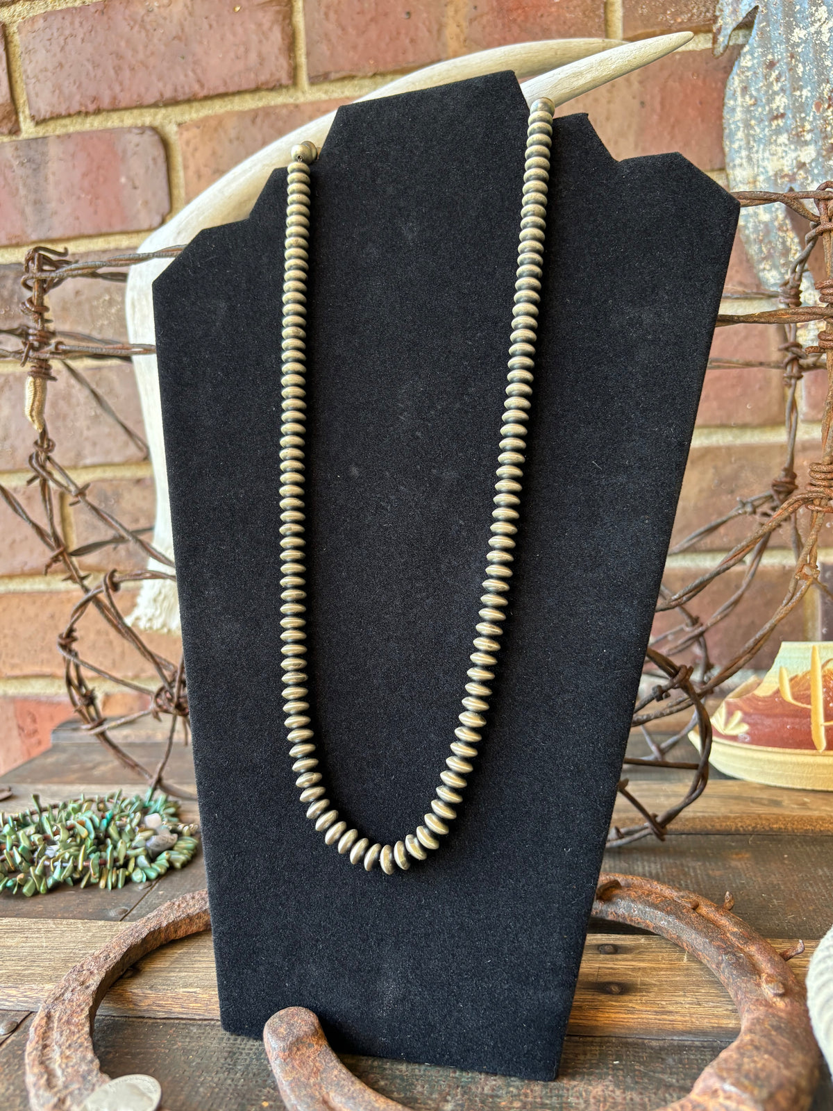 Navajo Pearls Handmade by Bryannen Halwood. Sterling Silver 8mm Saucer Bead Necklace 24”