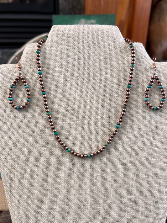 Genuine Oxidized Copper & Campitos Turquoise 4mm Bead Necklace 14”-16” & Earrings 2 1/4”