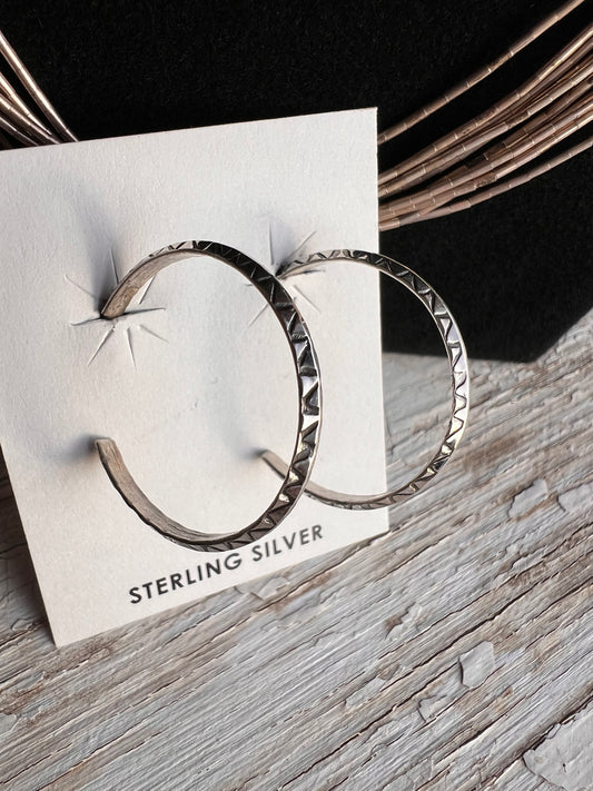Navajo Handmade by Elaine Tahe Post Sterling Silver Carinated Stamped Hoops 1”