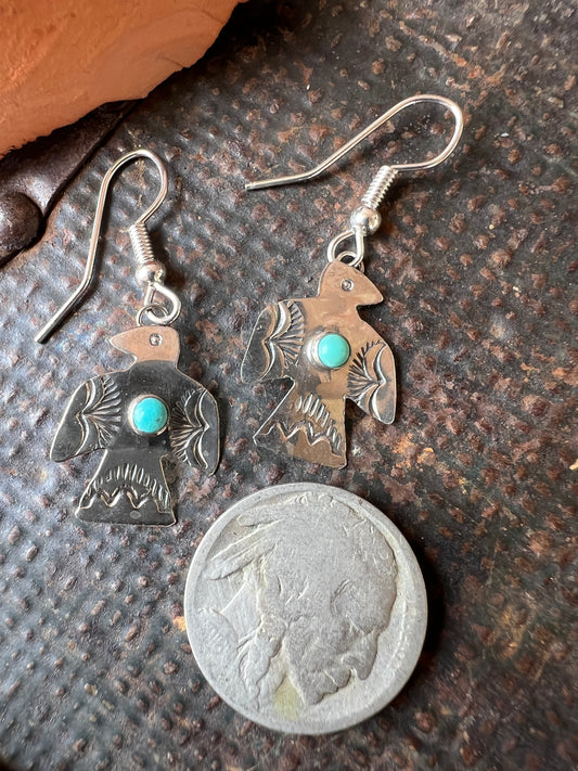 Dainty Handmade by Lucille Platero (Navajo) Turquoise & Sterling Silver Thunderbird Earrings 1.5” Length