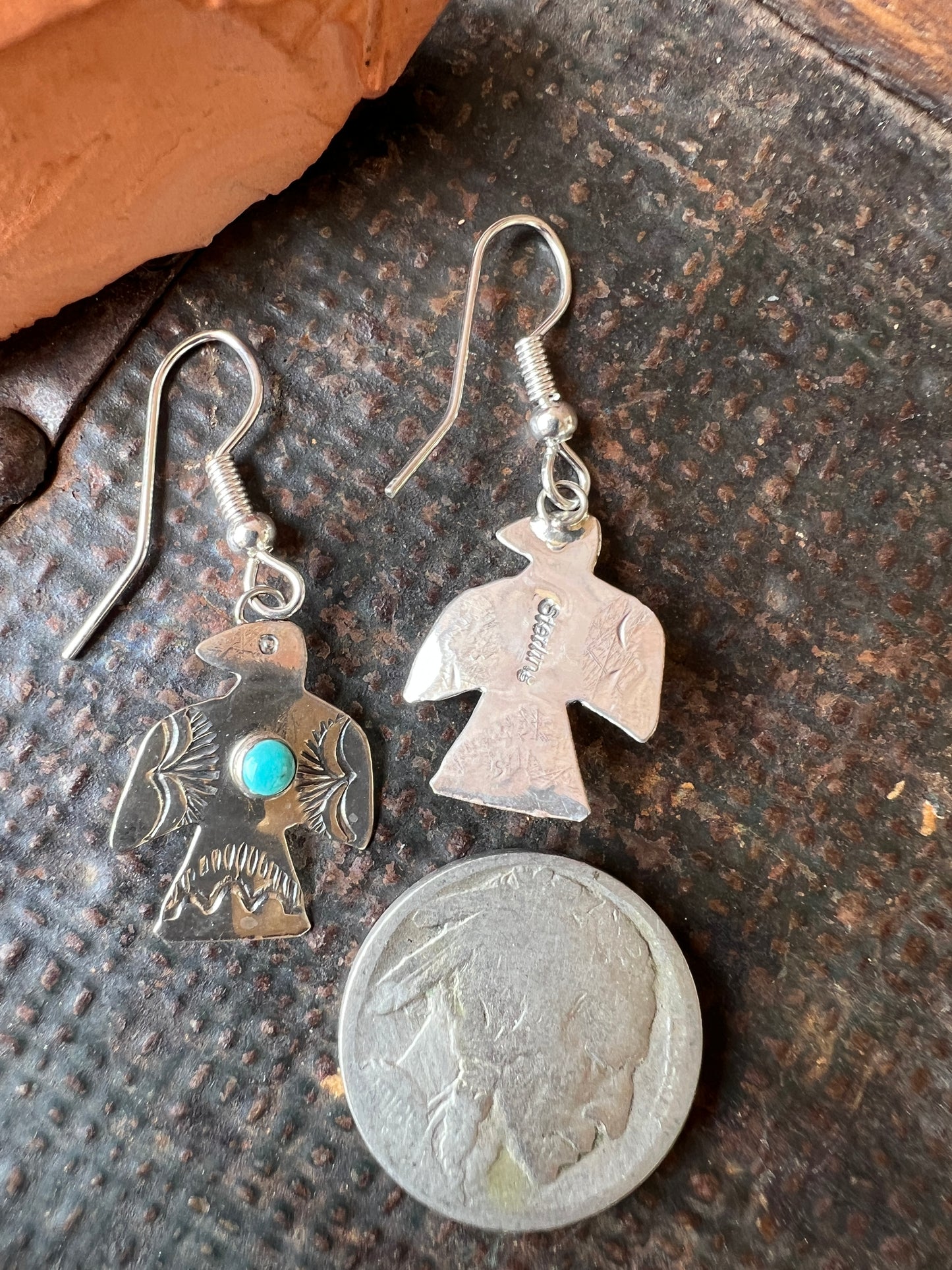 Dainty Handmade by Lucille Platero (Navajo) Turquoise & Sterling Silver Thunderbird Earrings 1.5” Length