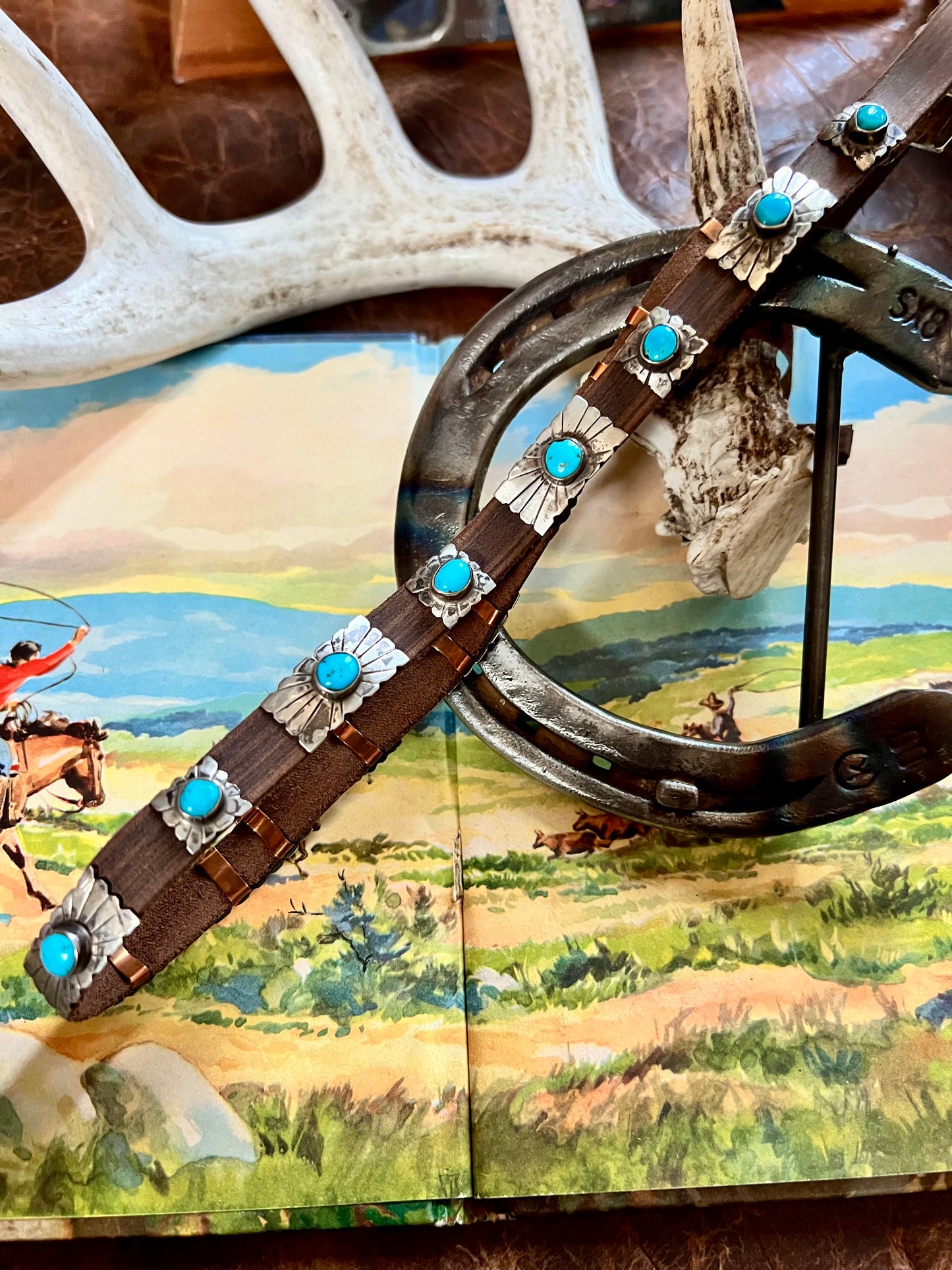 Sterling Silver & Turquoise on Brown Leather Hatband- Navajo Handmade by Marlene Ramone 27” x 1/2”