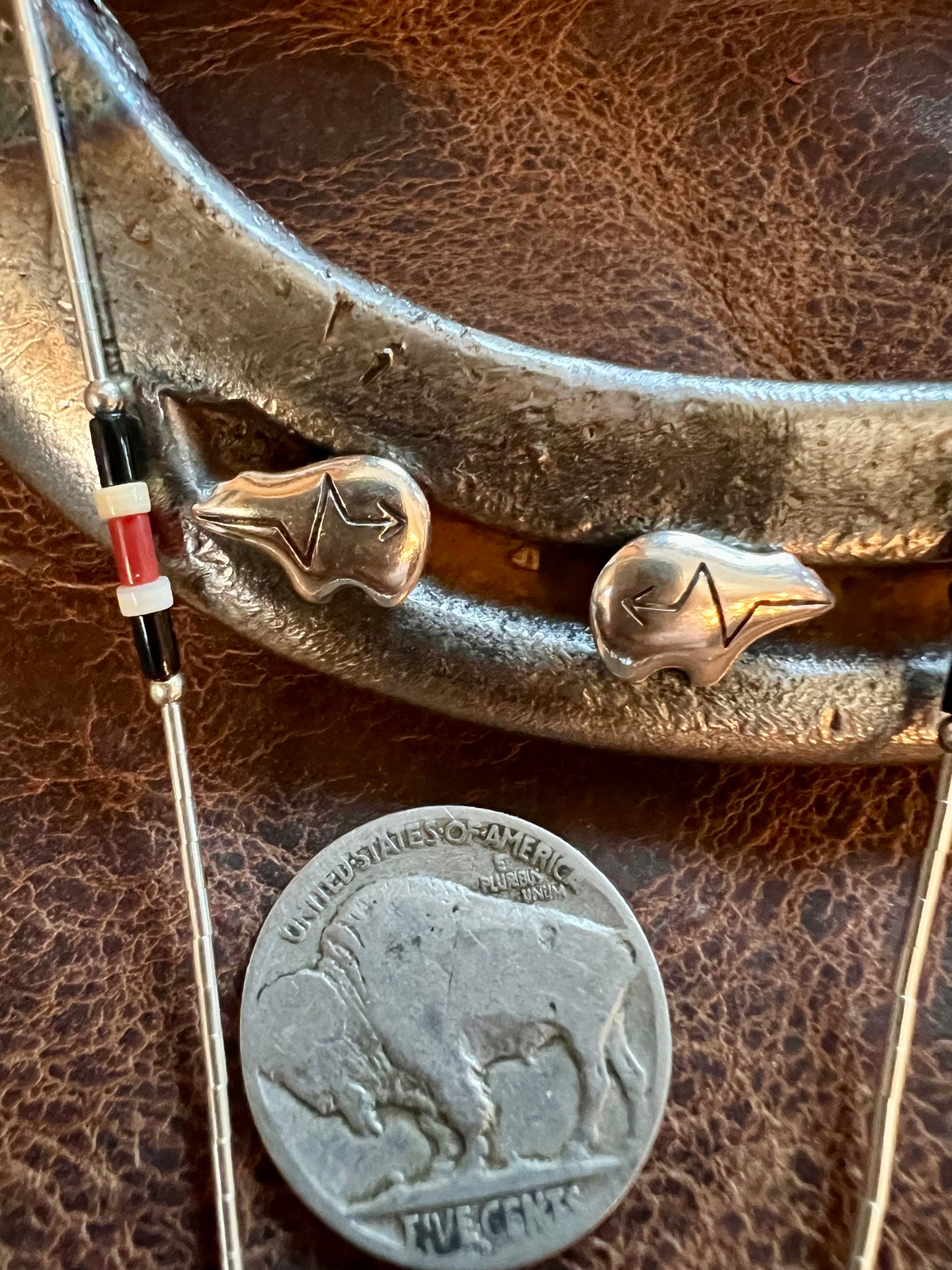 Sterling Silver, Black Jet and Coral Bear Liquid Silver Necklace 16” & Post Earrings Set