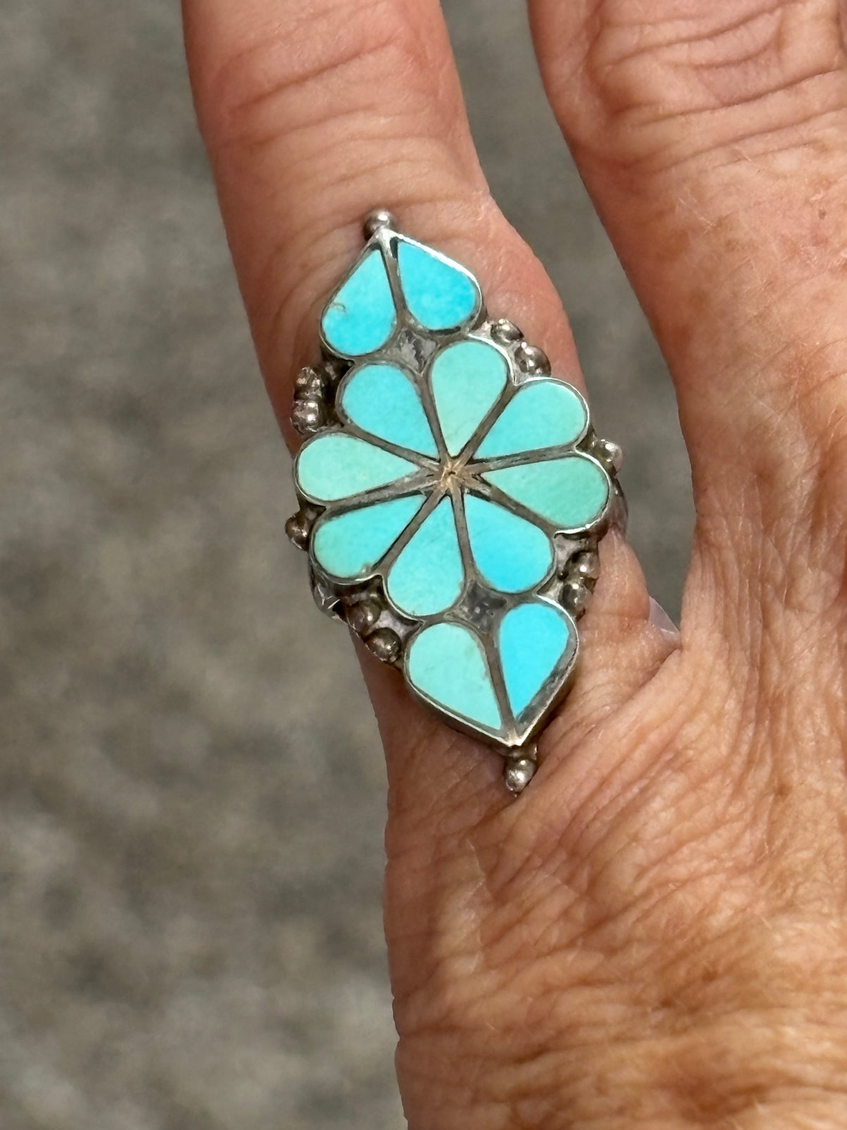 Vintage Zuni Handmade Sleeping Beauty & Sterling Silver Inlay Ring Sz 4 1/2