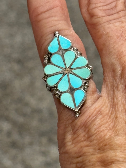 Vintage Zuni Handmade Sleeping Beauty & Sterling Silver Inlay Ring Sz 4 1/2