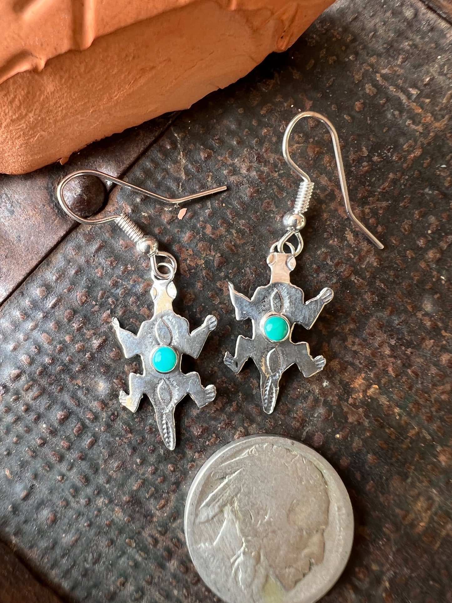Dainty Handmade by Lucille Platero (Navajo) Turquoise & Sterling Silver Lizard Earrings 1 5/8” Length