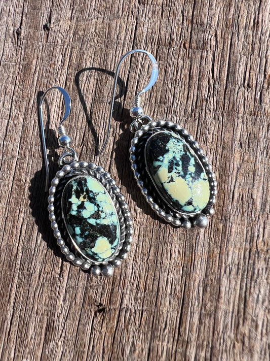 Native American Handmade Sterling & New Lander Variscite Dangle Earrings 1 5/8”