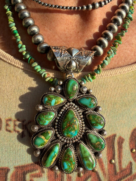 Navajo Handmade by Tyler Brown- Statement Piece!! Sonoran Gold Turquoise & Sterling Cluster Pendant Bale & Shepherds Hook