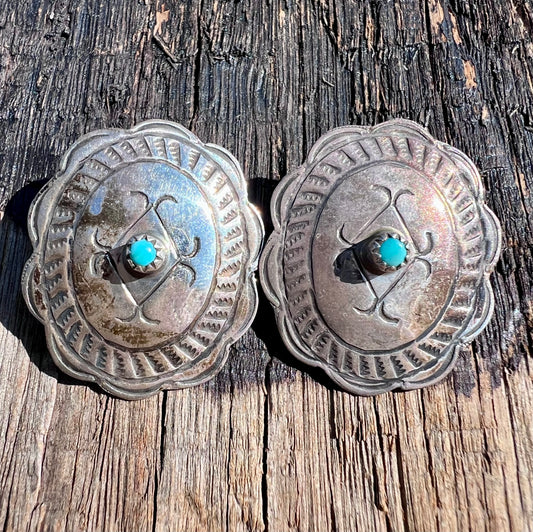 Vintage Native American Handmade Sterling & Turquoise Concho Post Earrings 1.25”