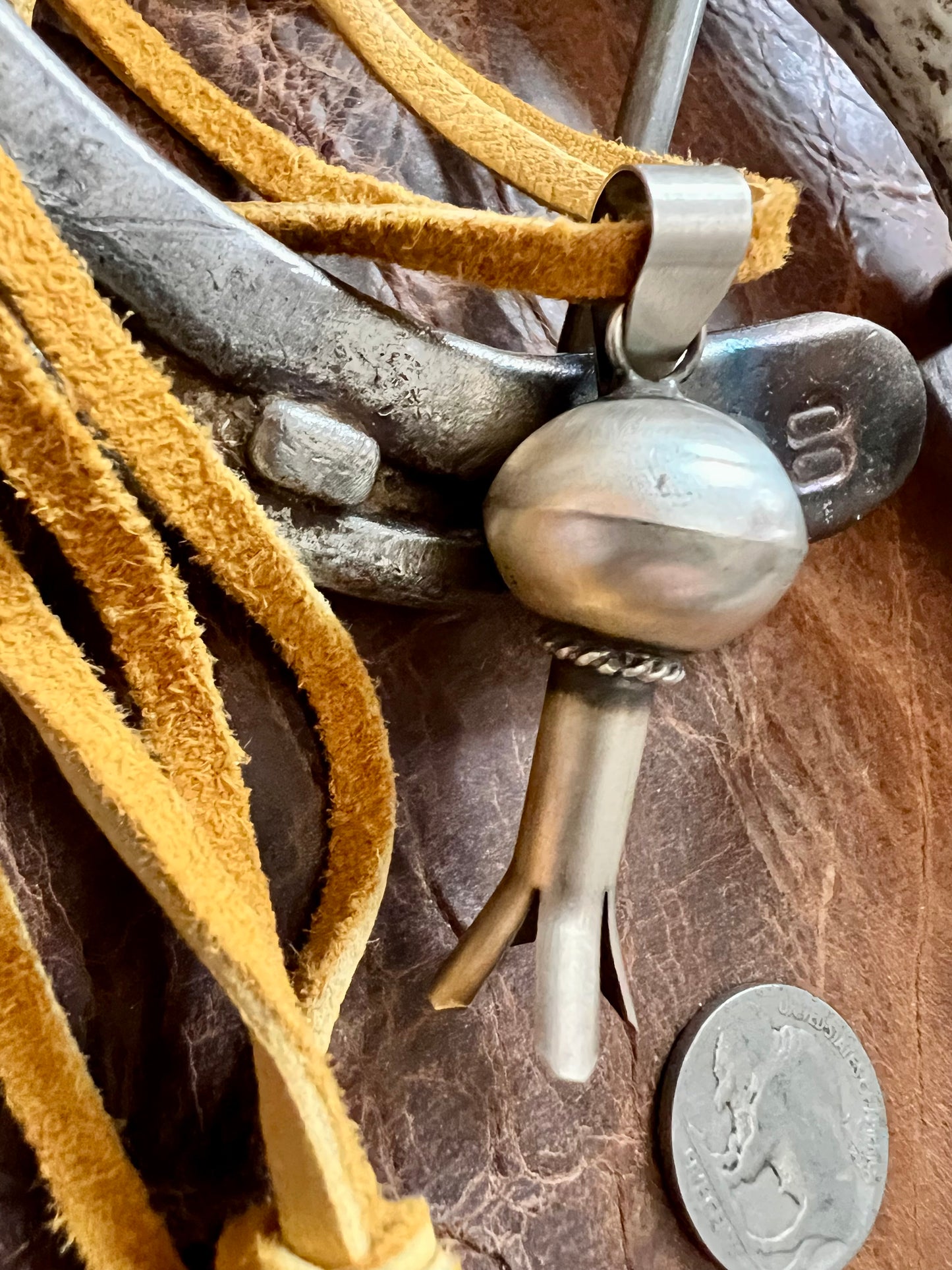 Navajo Handmade by Monica Smith, Sterling Silver Blossom Pendant on Deer Leather Lace Necklace 24”