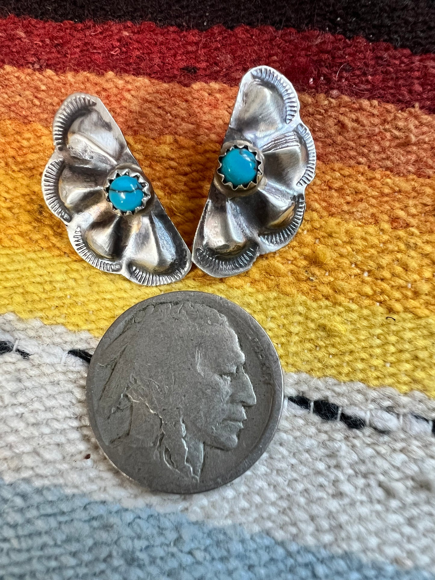 Native Handmade by Joann Begay Sterling & Turquoise Half Cluster Scalloped Repousse Post Earrings 3/4” x 1/2”