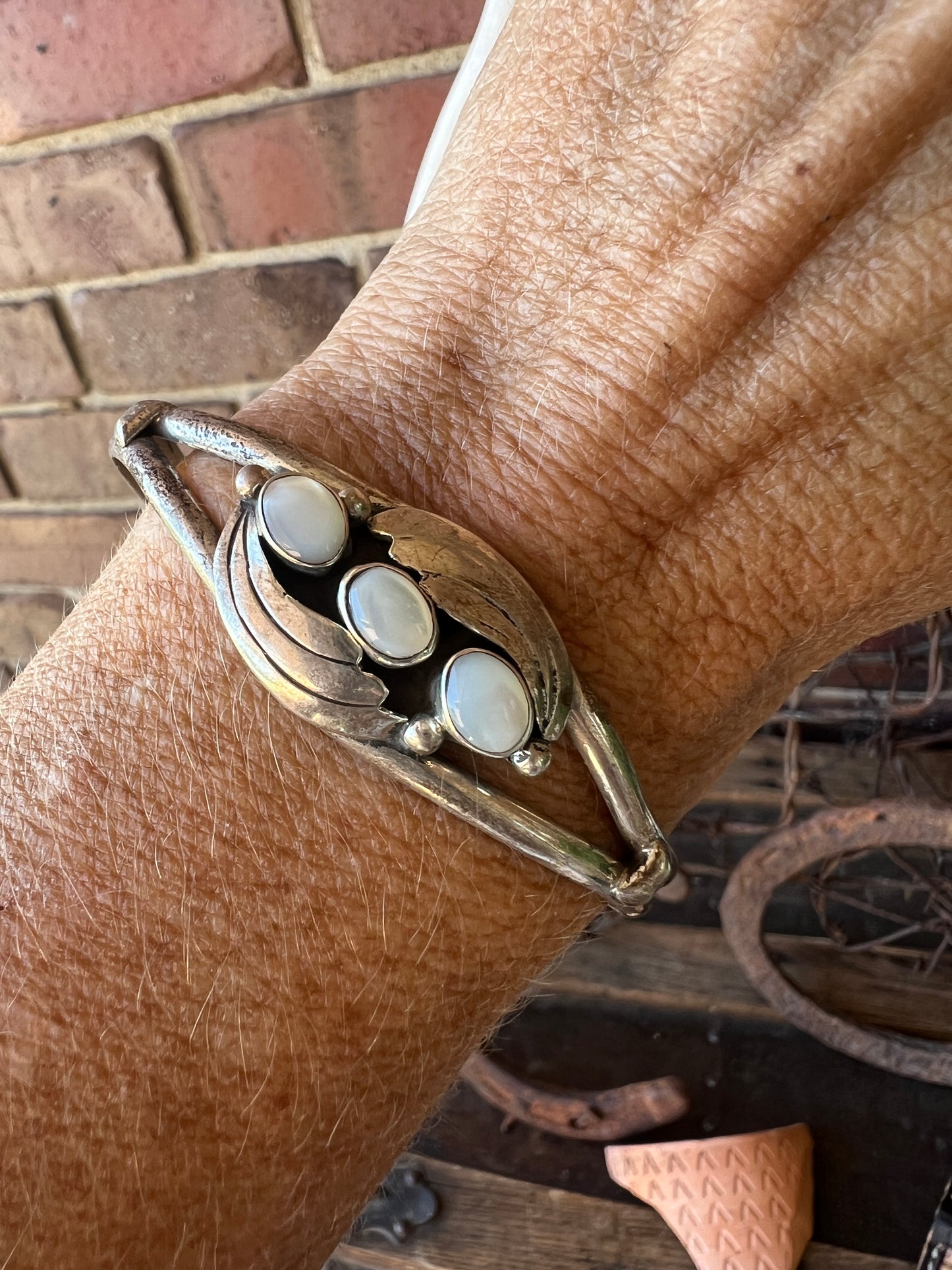 Vintage 3-stone Mother-of-Pearl & Sterling Cuff Bracelet Size 6.5”