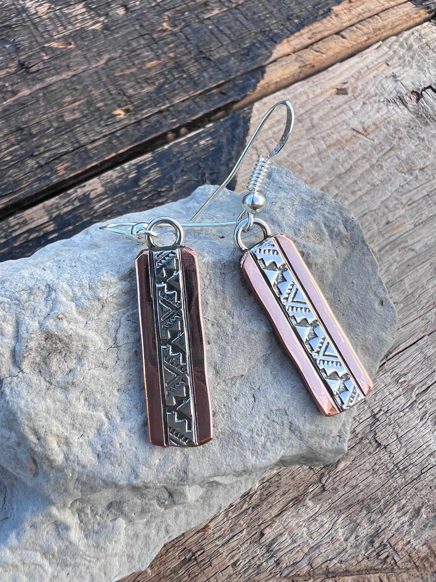 Navajo Handmade by Sylvana Apache Copper & Sterling Silver Earrings 2 7/8”
