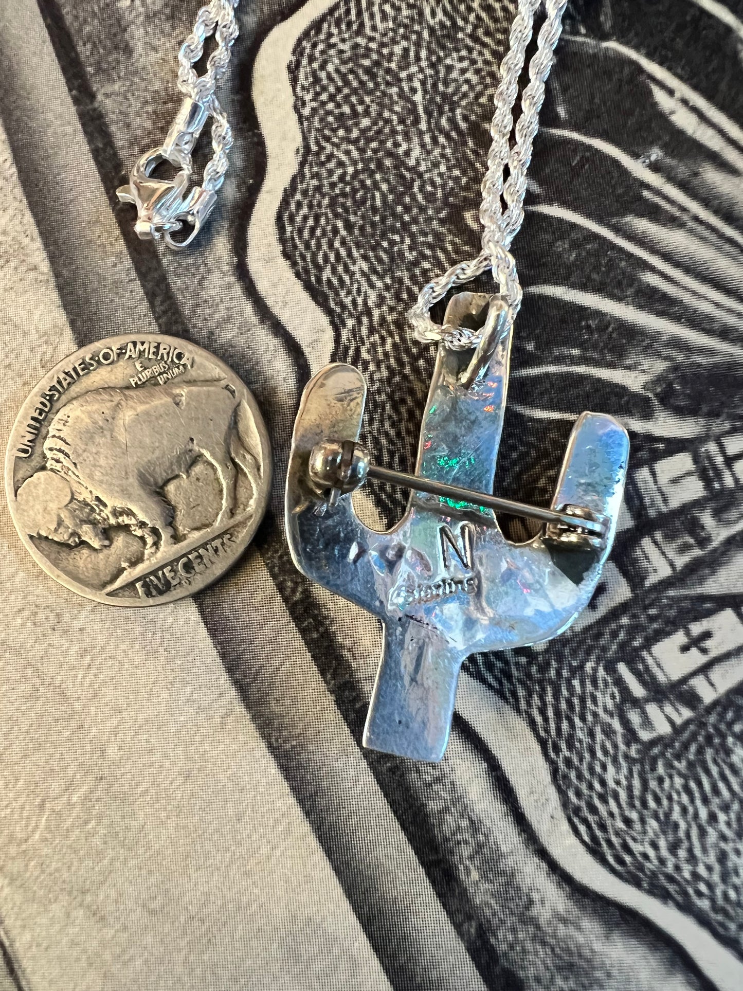 Navajo Handmade Sterling Silver & Turquoise Cactus Pin/Pendant on 16” Sterling Rope Chain