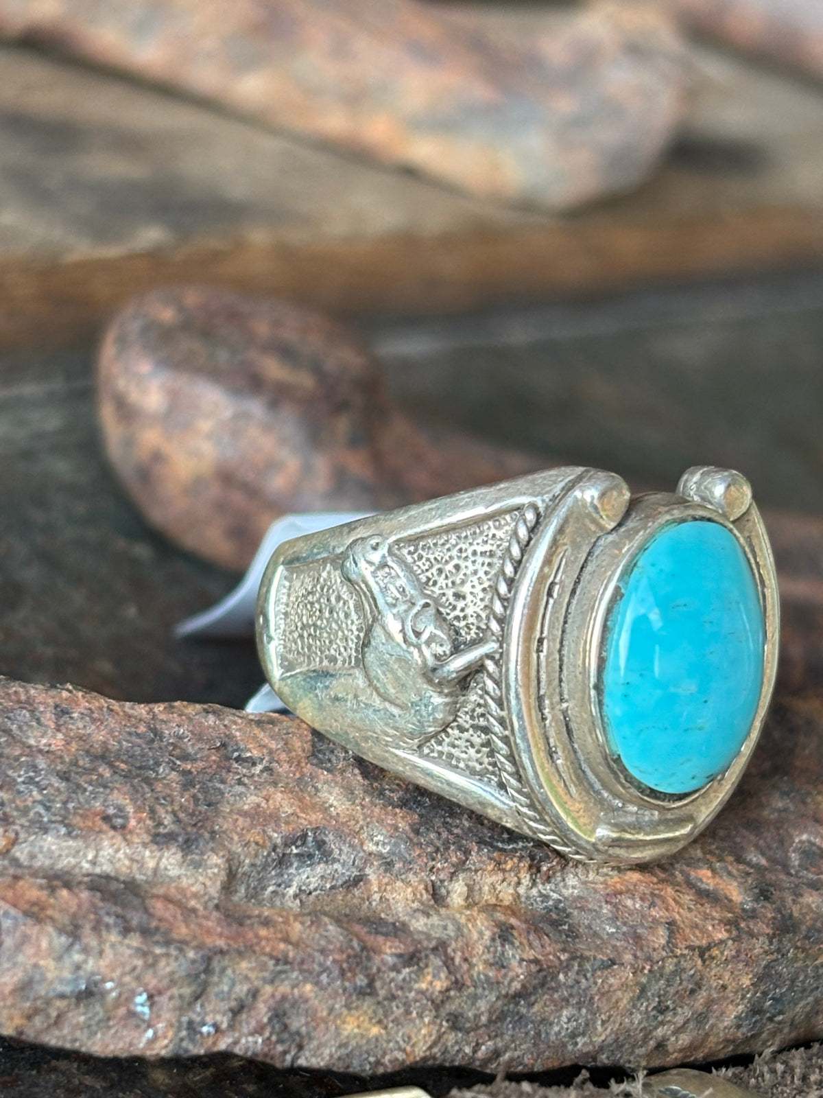 Vintage Chunky Sterling Silver & Turquoise Horse Head & Horseshoe Ring Sz 10