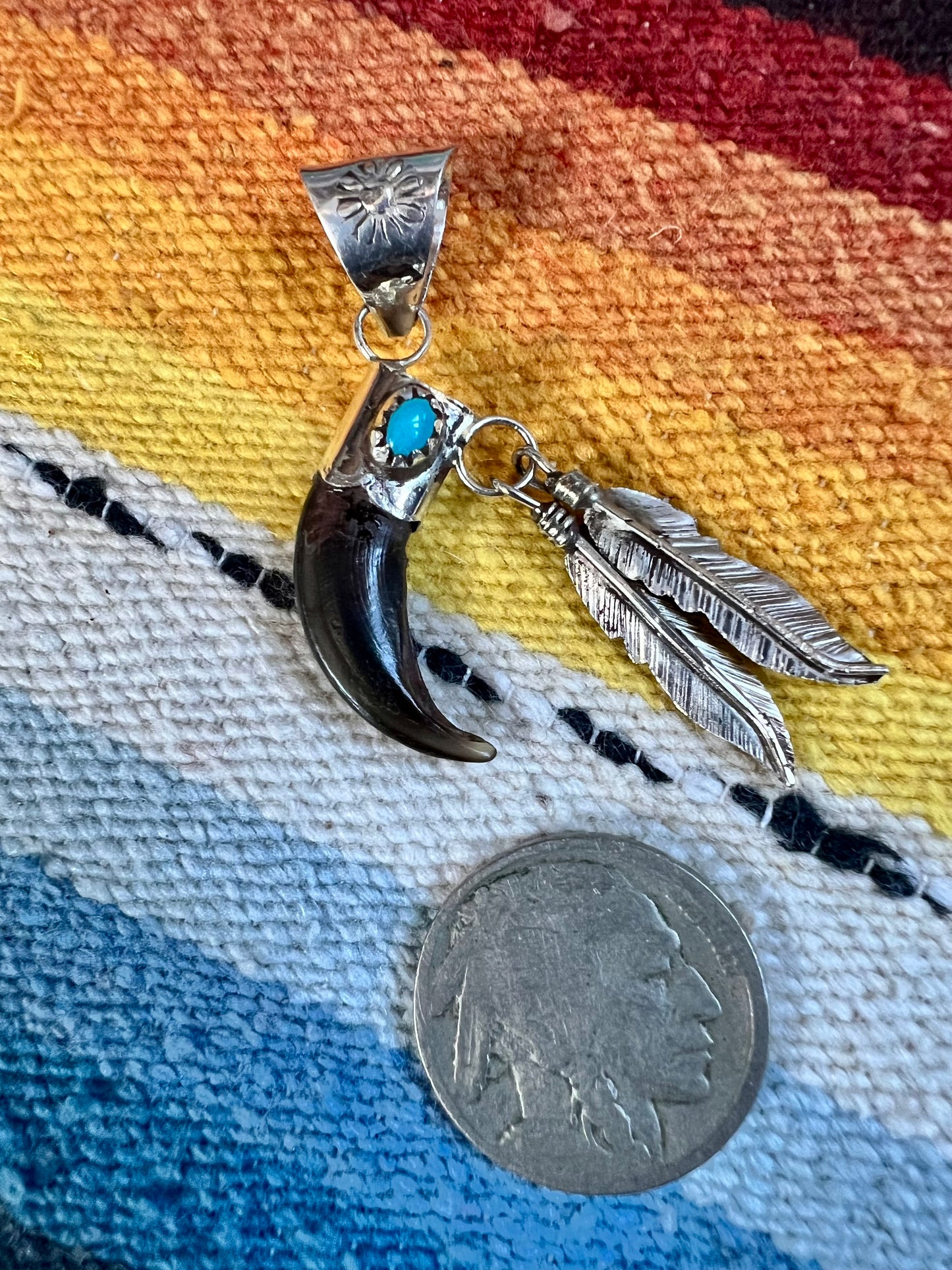 Navajo Handmade by Ernest Hawthorne Sterling Silver, Turquoise & Badger Claw w/Feathers Pendant 2”