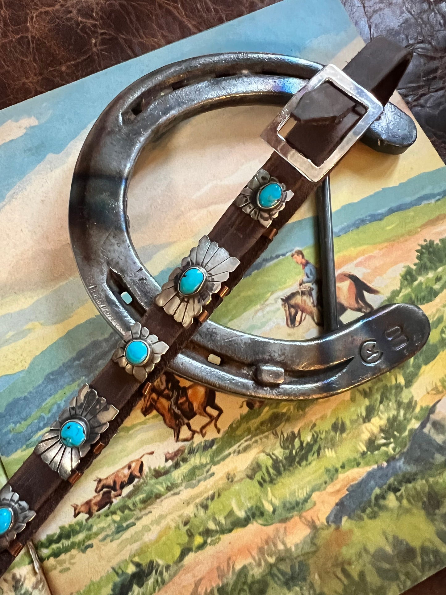 Sterling Silver & Turquoise on Brown Leather Hatband- Navajo Handmade by Marlene Ramone 27” x 1/2”