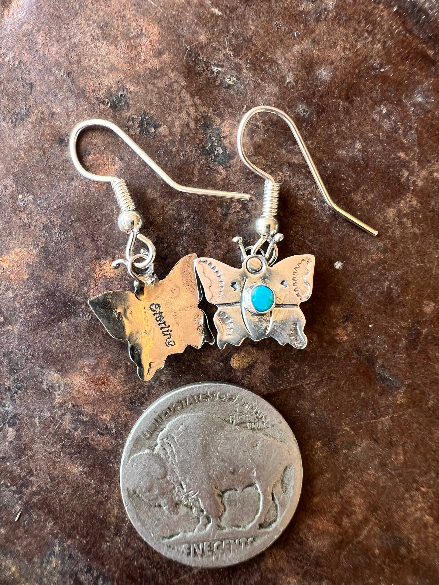 Dainty Handmade by Lucille Platero (Navajo) Turquoise & Sterling Silver Butterfly Earrings 1 1/8” Length