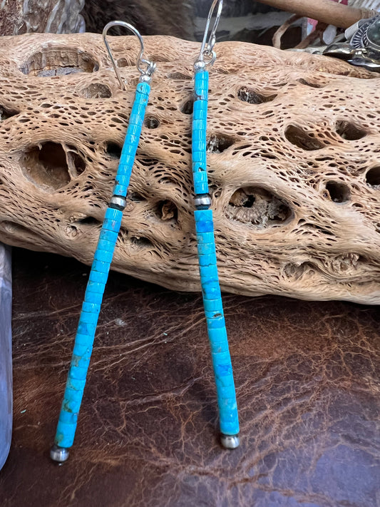 Long Sterling & Kingman Turquoise Heishi Dangle Earrings 2.15” long