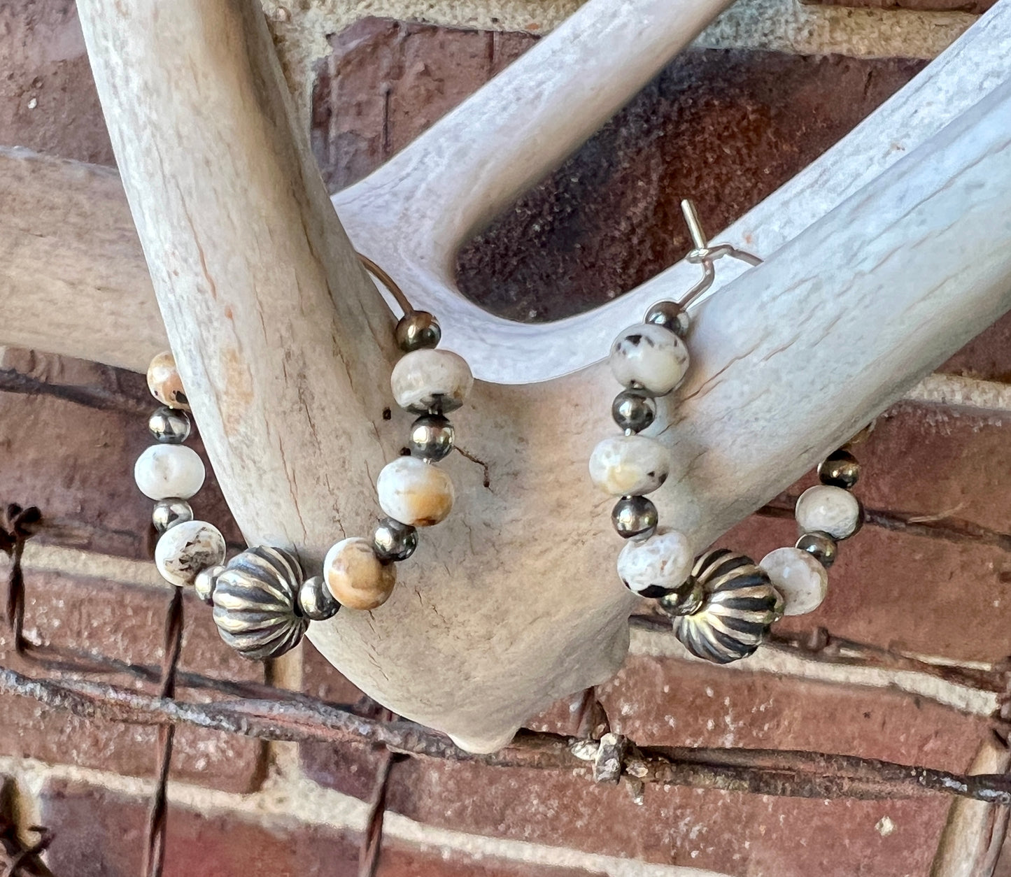 White Buffalo & Sterling Bead Hoop Earrings