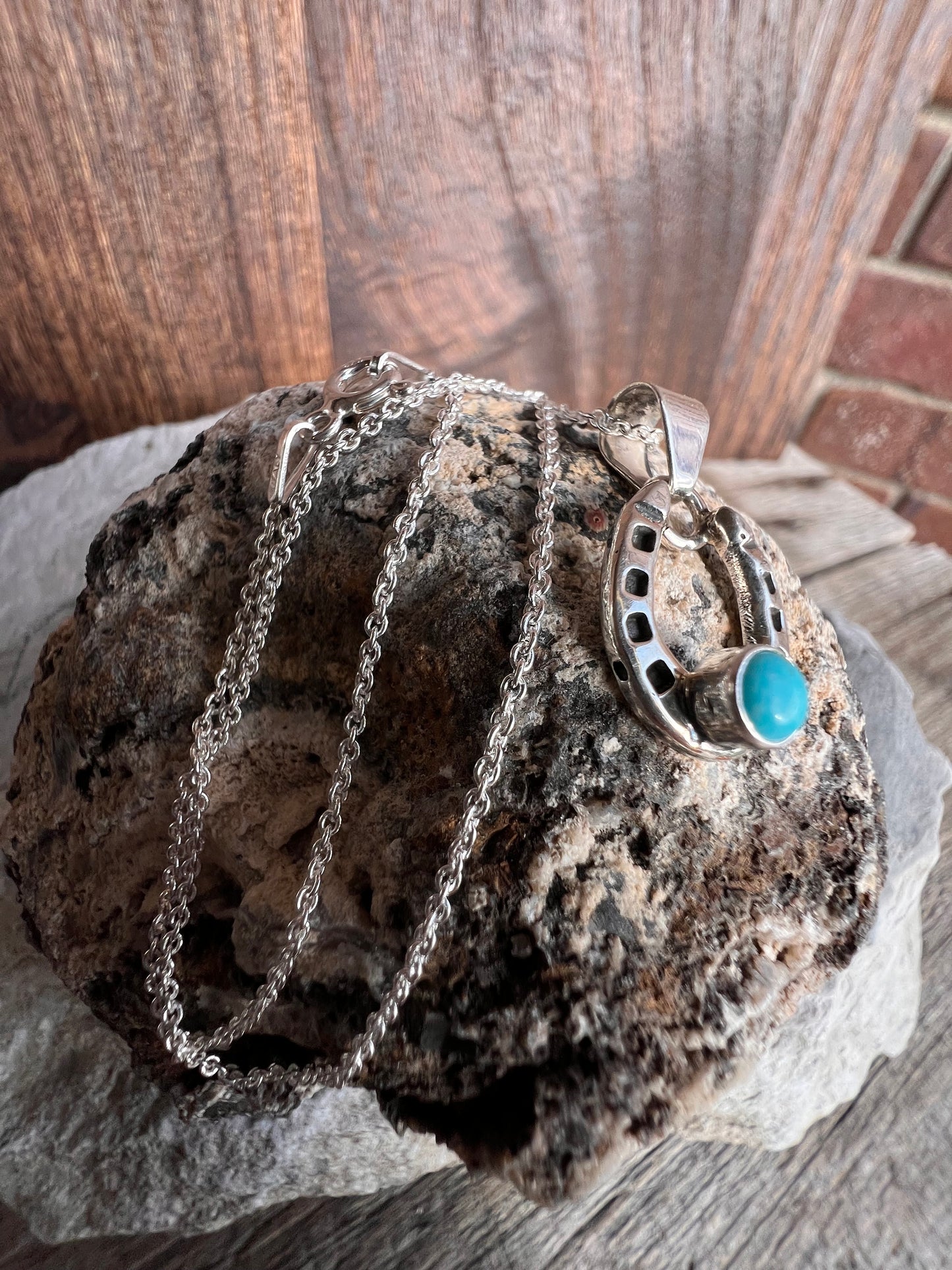 Handmade Turquoise Horse Shoe Pendant on a Sterling Rolo Chain Necklace 18”