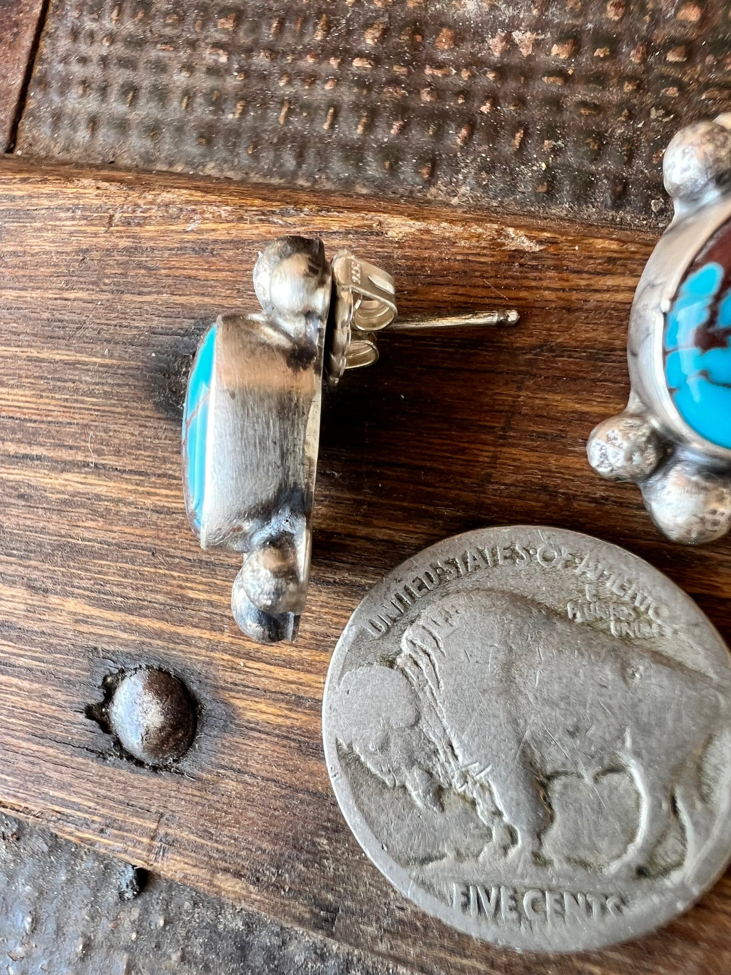 Handmade Prince Egyptian Turquoise & Sterling Post Earrings .8” x .42”