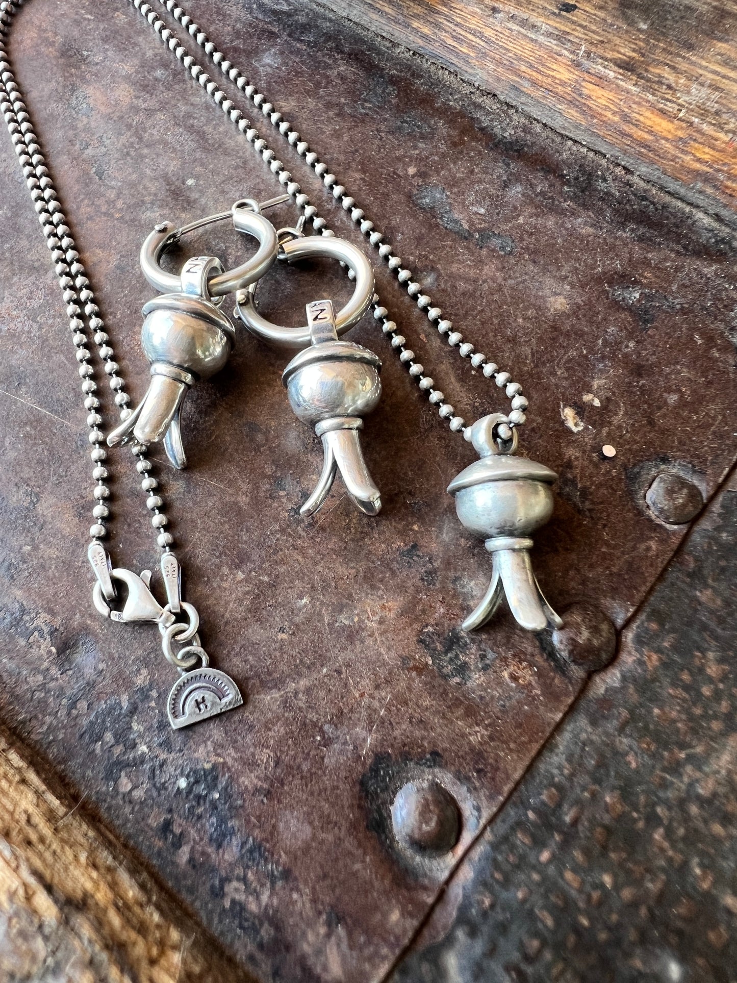 Southwest Handmade by Dennis Hogan. Sterling Silver Blossom Earrings & Necklace Set