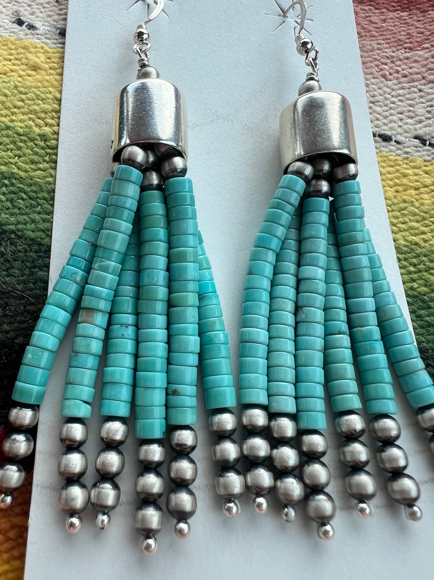 Southwest Handmade Sterling & Campitos Turquoise Tassel Dangle Earrings 3.5”