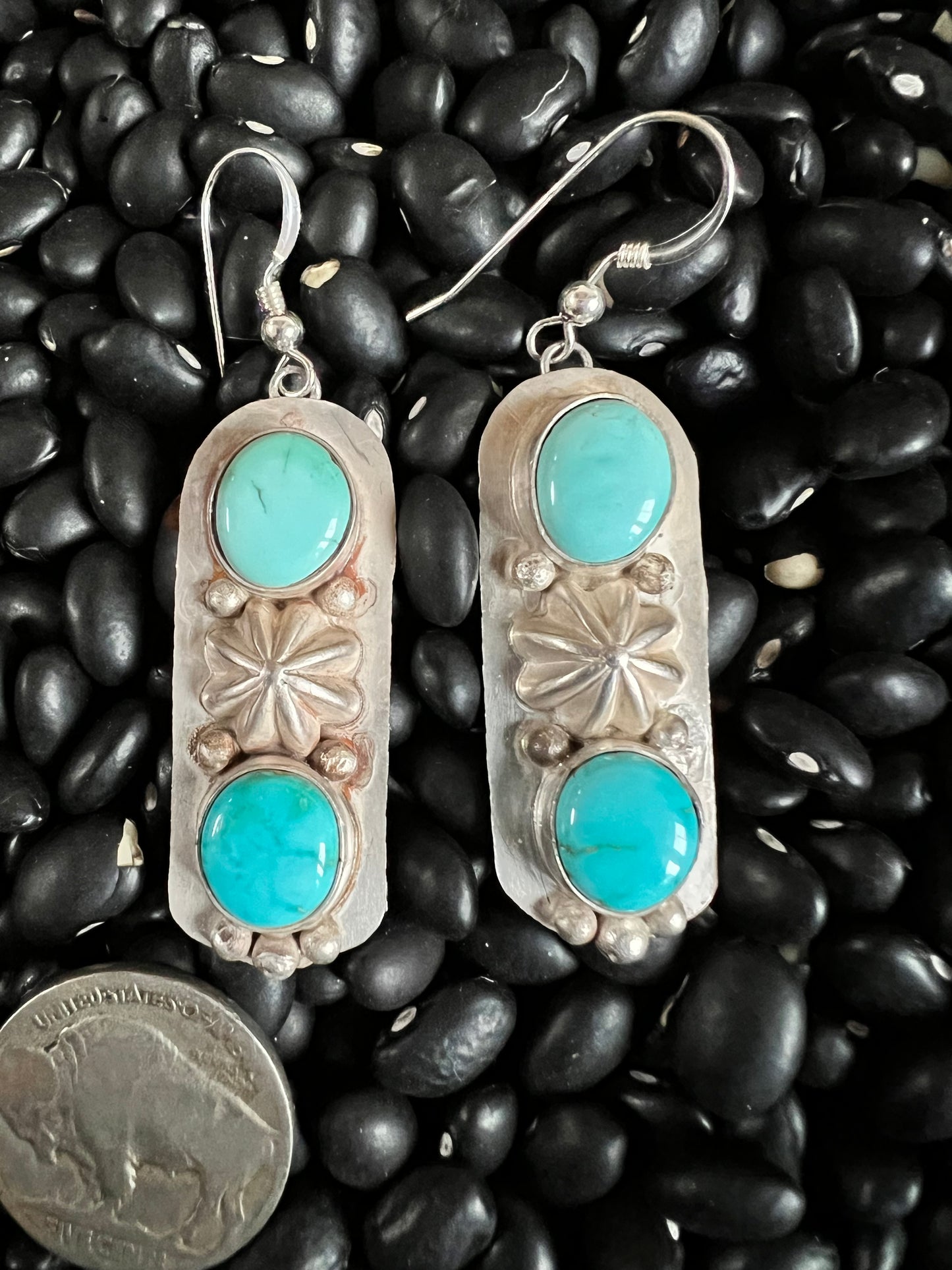 Navajo Handmade by Lee Sandoval. Lone Mountain Turquoise & Sterling Dangle Earrings 2 1/8” x 5/8”