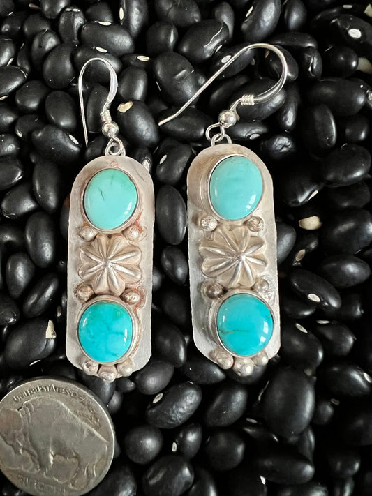 Navajo Handmade by Lee Sandoval. Lone Mountain Turquoise & Sterling Dangle Earrings 2 1/8” x 5/8”