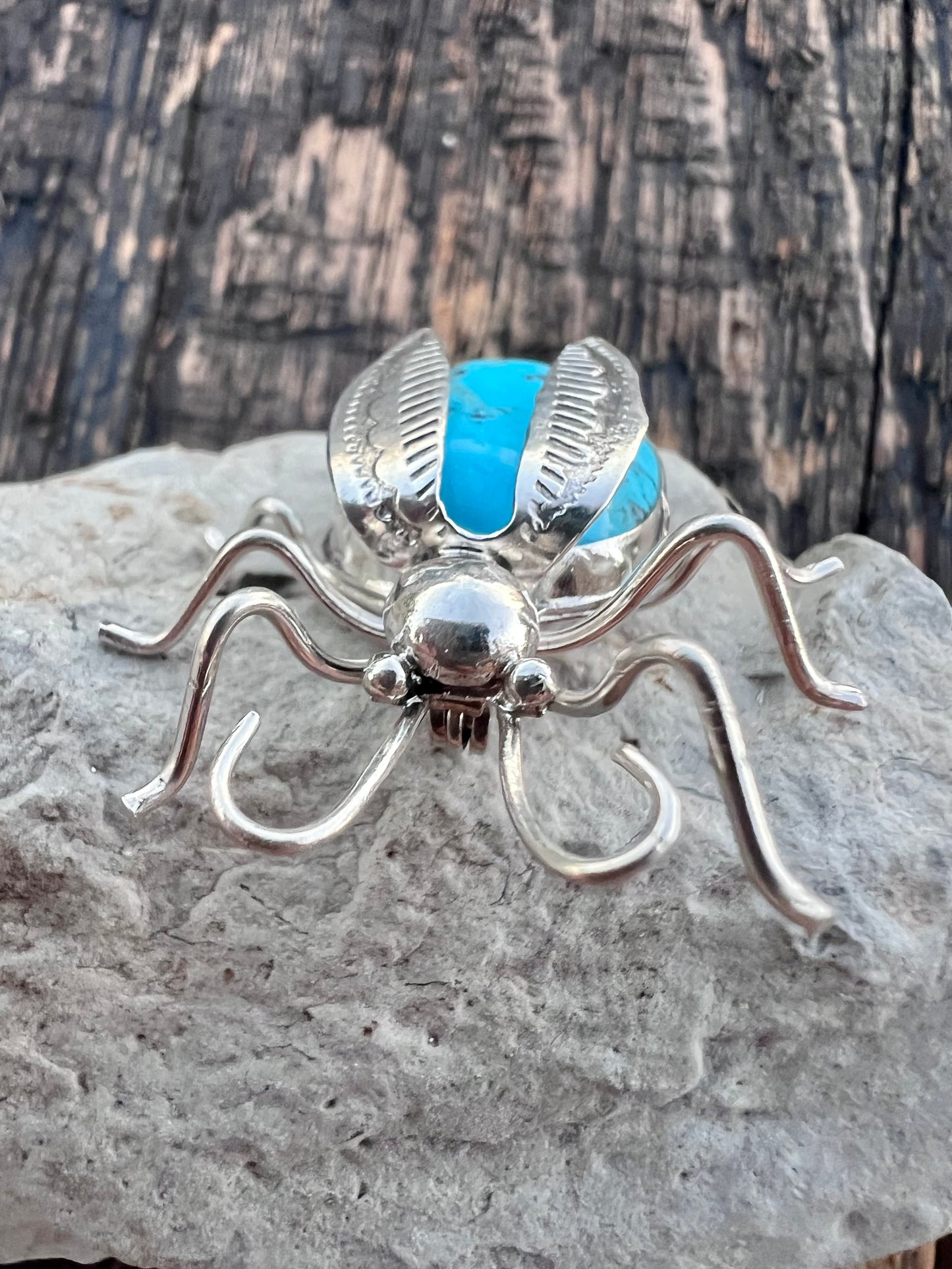 Native American Handmade Sterling & Campitos Turquoise Bug Pin 1.25x 1.5”