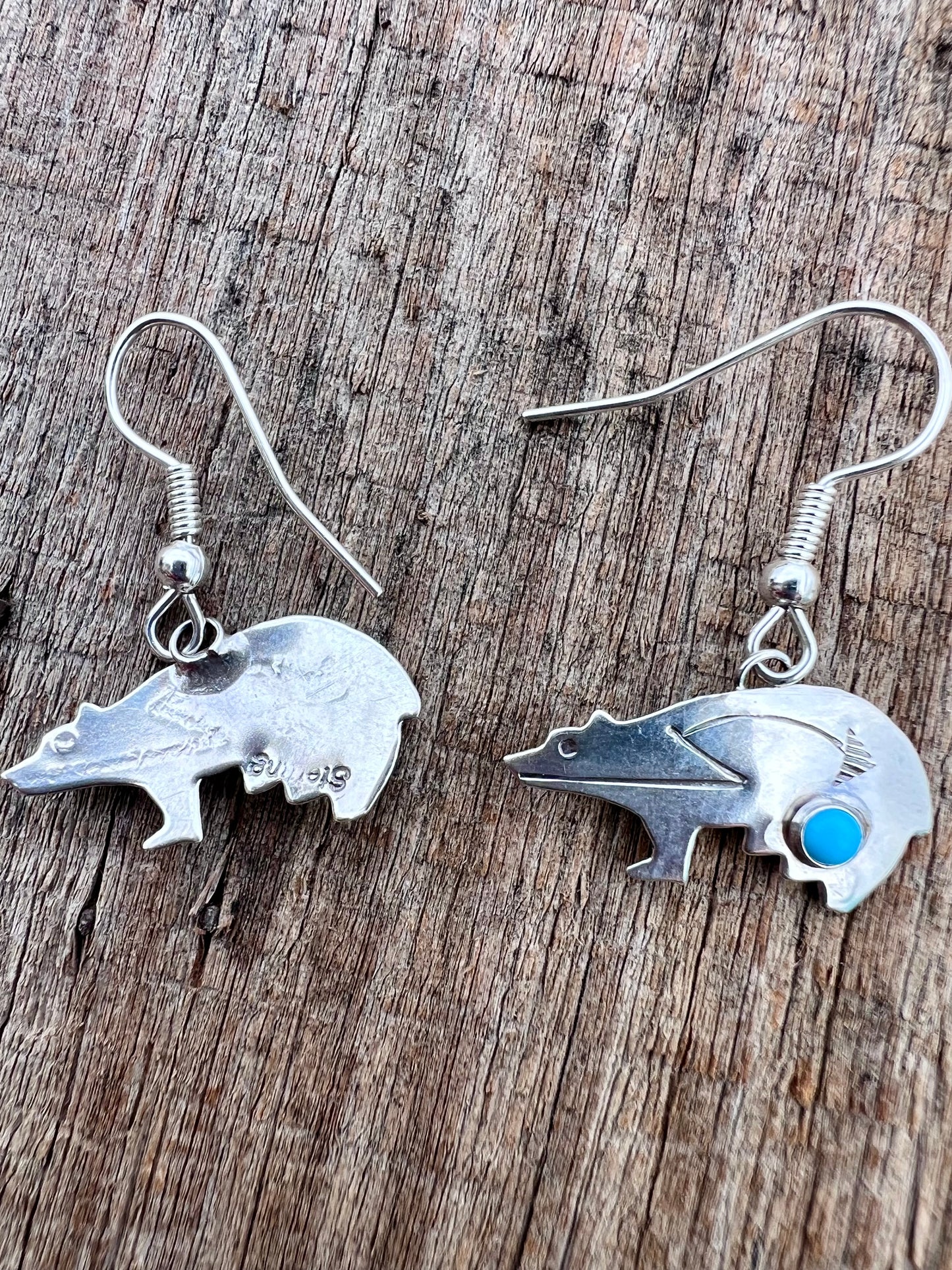 Native Navajo Handmade by Lucille Platero Sterling & Turquoise Bear Dangle Earrings 1.25”