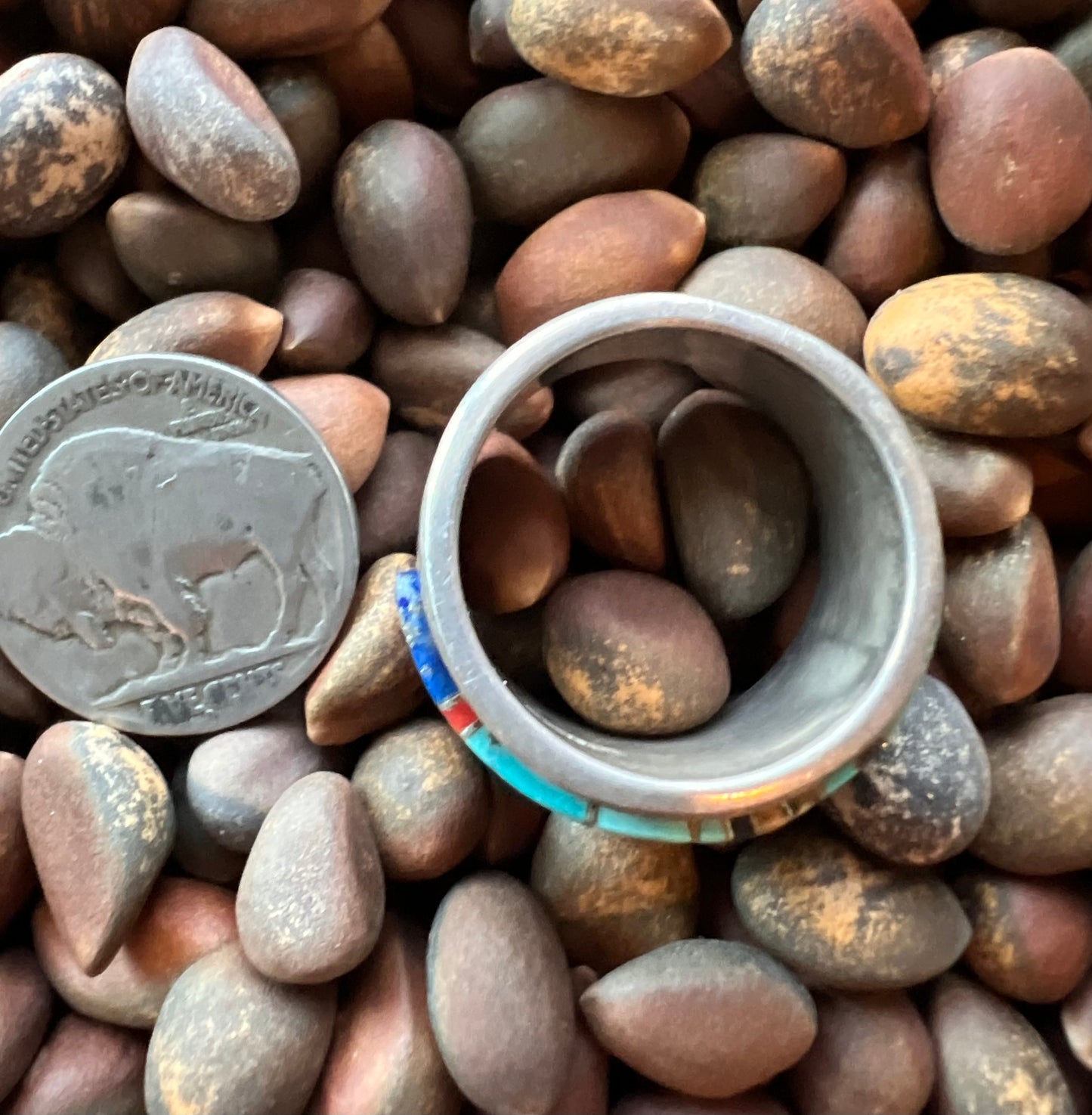 Vintage Navajo Handmade Men’s Inlay Ring - Lapis, Coral, Turquoise, Onyx, Jasper & Sterling Silver Sz 10