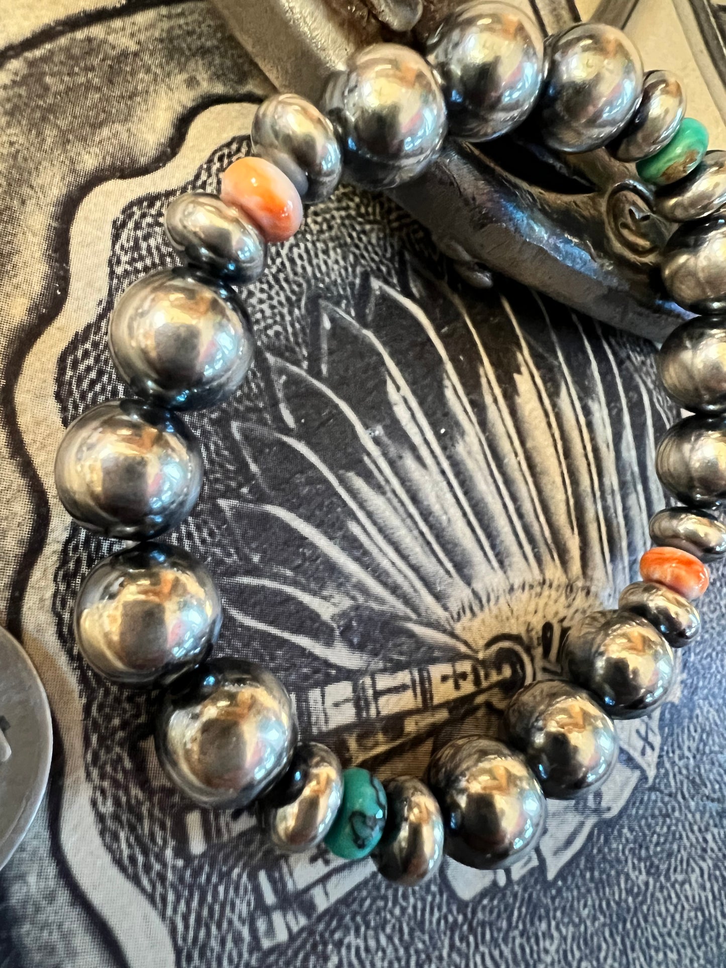 Sterling 10mm Bead, Turquoise & Spiny Oyster Stretch Bracelet 7”