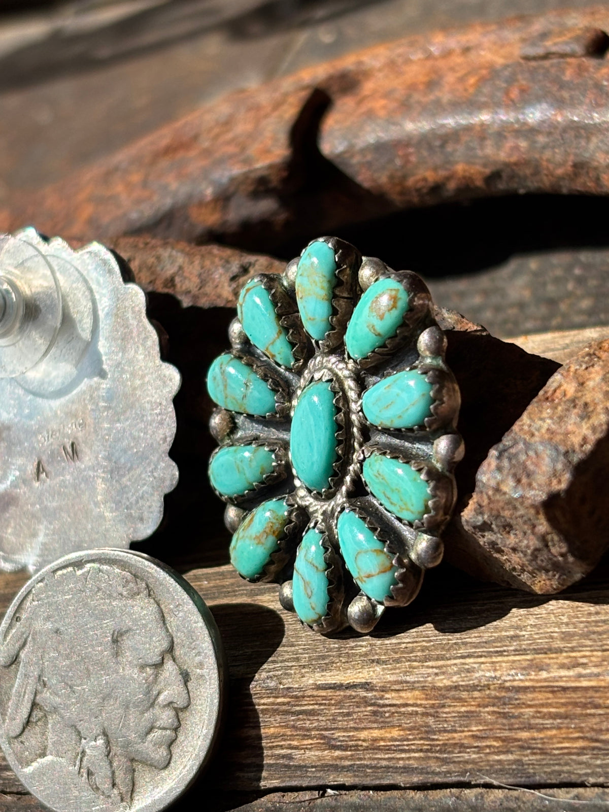 Vintage Native Handmade Sterling Silver & Kingman Turquoise Cluster Post Earrings