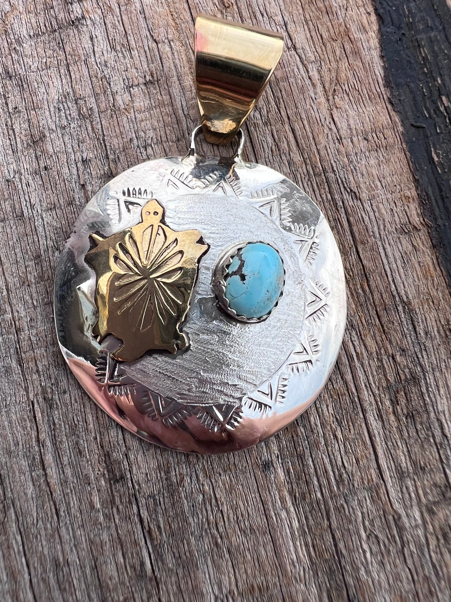 Native American Handmade Sterling & Golden Hills Turquoise , 2-tone Turquoise Turtle Concho Pendant 2” x 1 3/8”