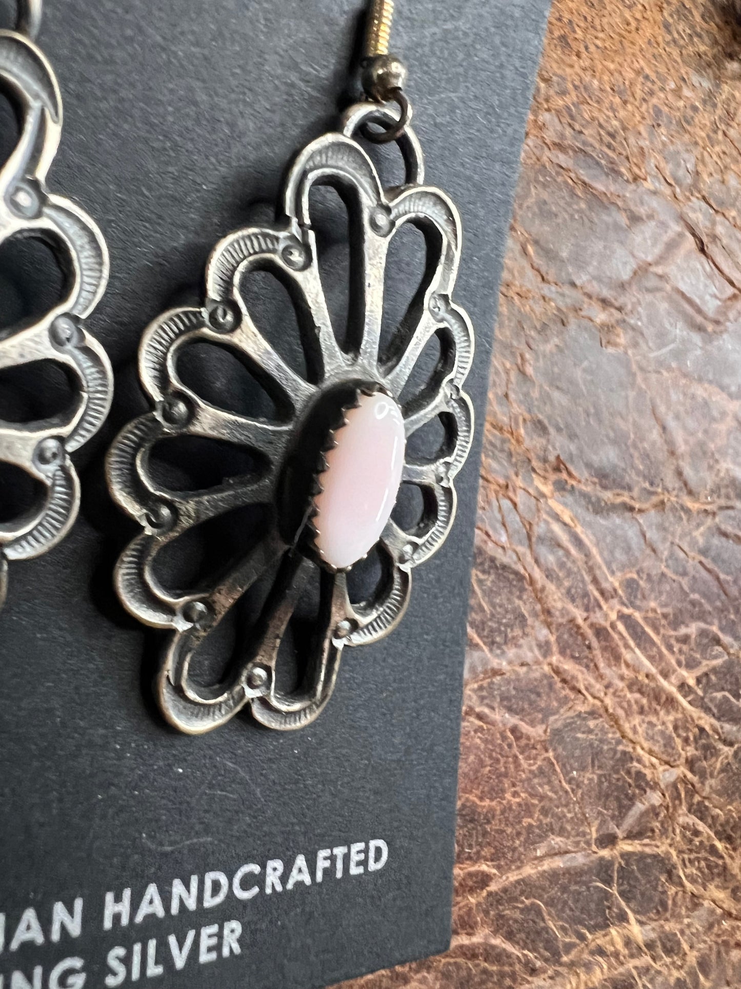 Handmade by Kary Begay. Sterling Silver & Pink Cinch Dangle Earrings