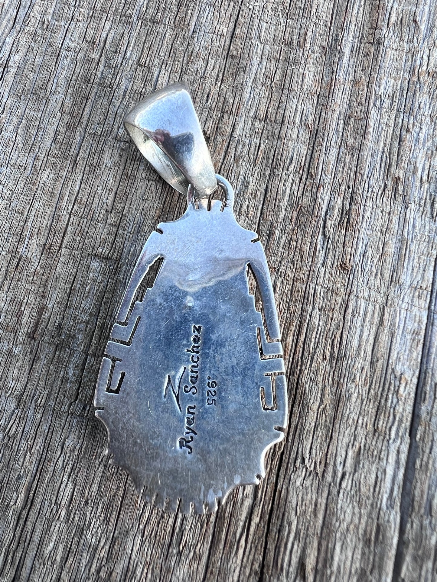 Native American Handmade by Ryan Sanchez- Sterling & Turquoise Inlaid Pendant 2.25”