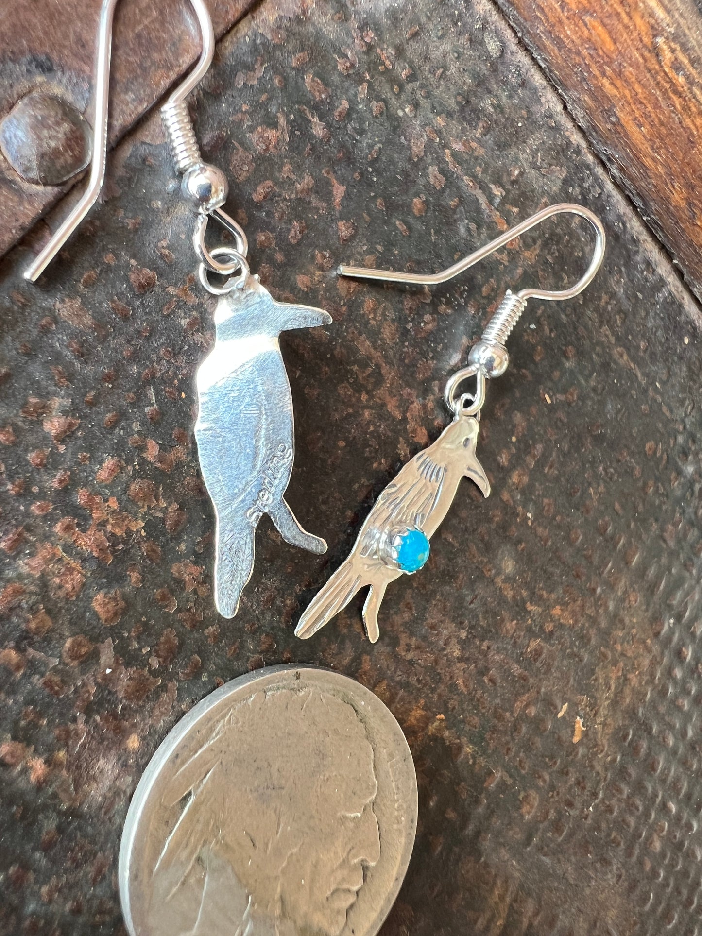 Dainty Handmade by Lucille Platero (Navajo) Turquoise & Sterling Silver Crow Earrings 1.5” Length